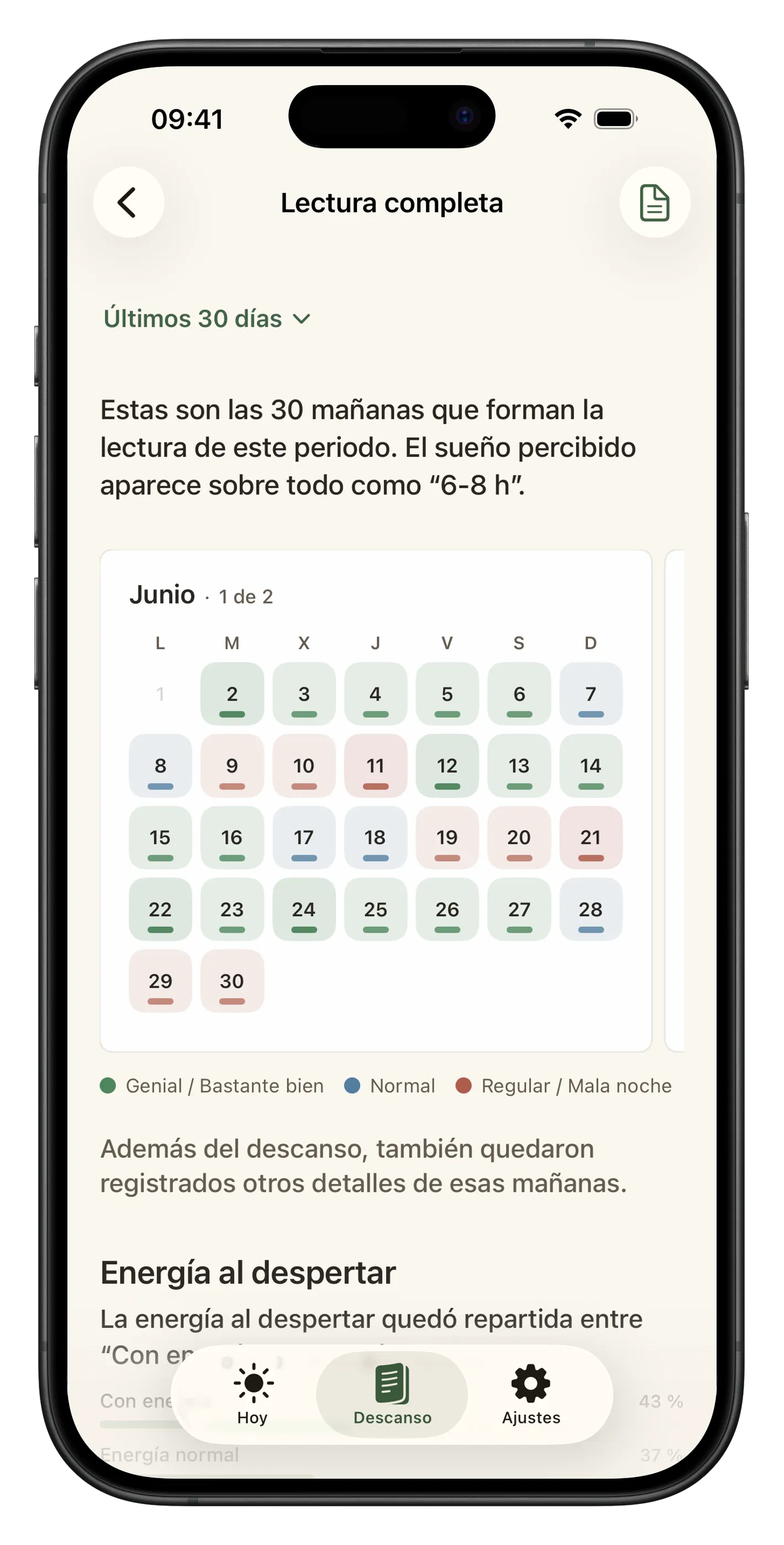 Captura de Liroa con calendario de descanso, patrones personales e insights de lectura calmada.