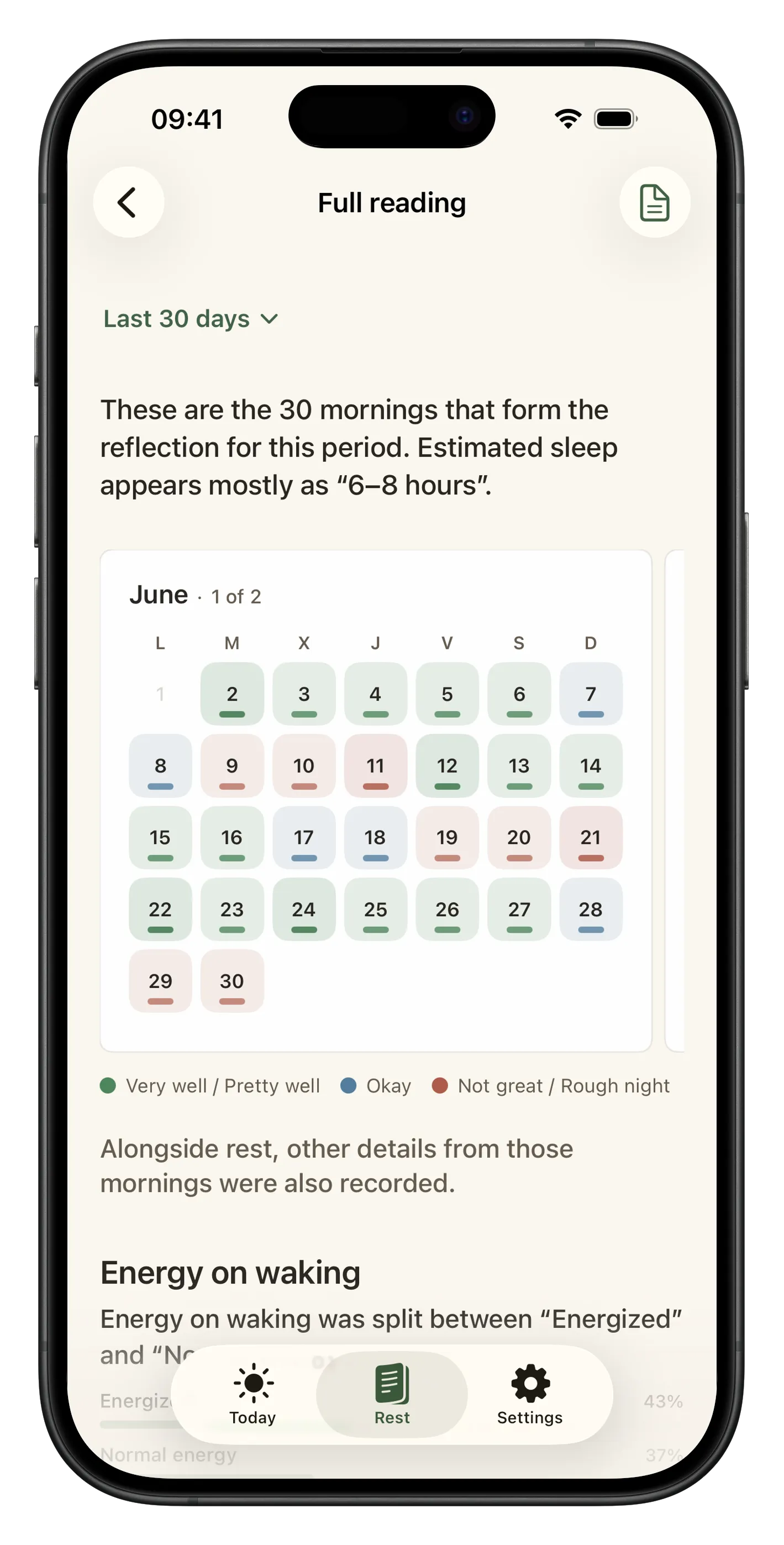 Liroa screenshot with rest calendar, personal patterns, and calm reading insights.