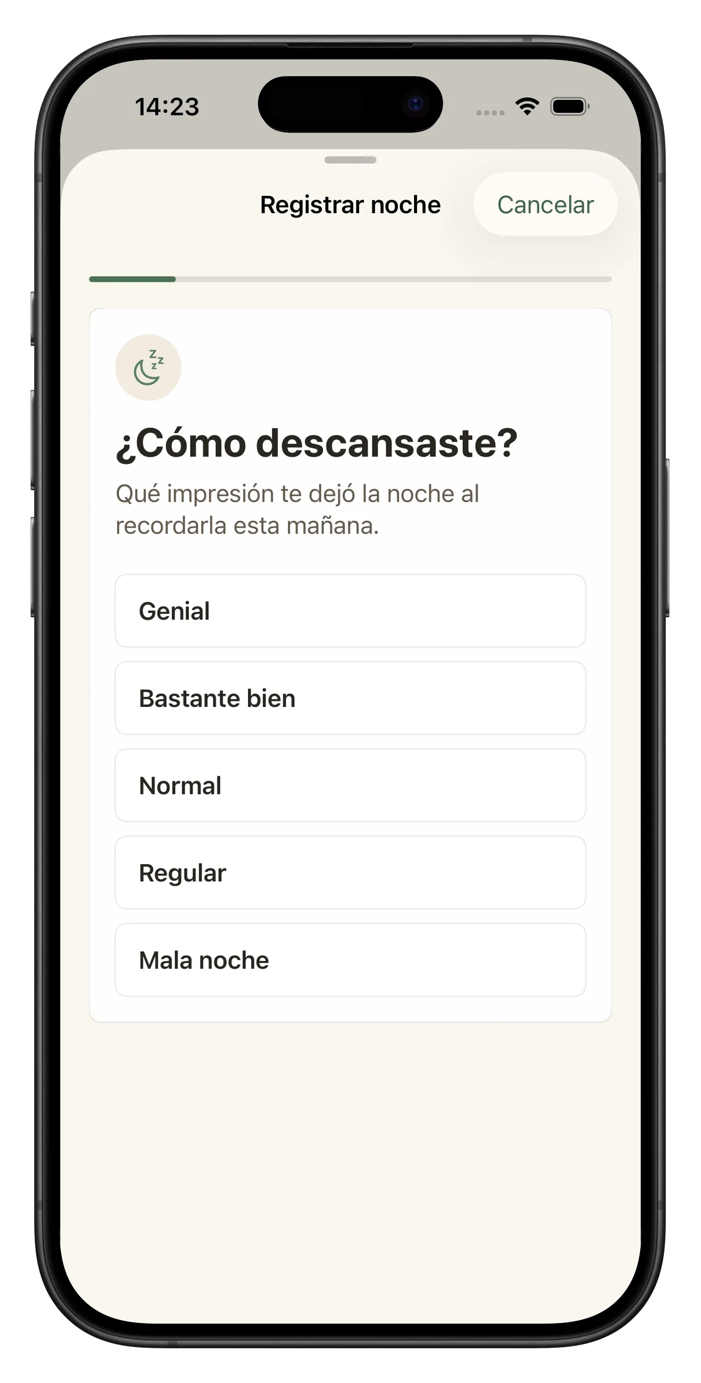 Captura de Liroa mostrando el registro de descanso por la mañana con opciones de descanso percibido.