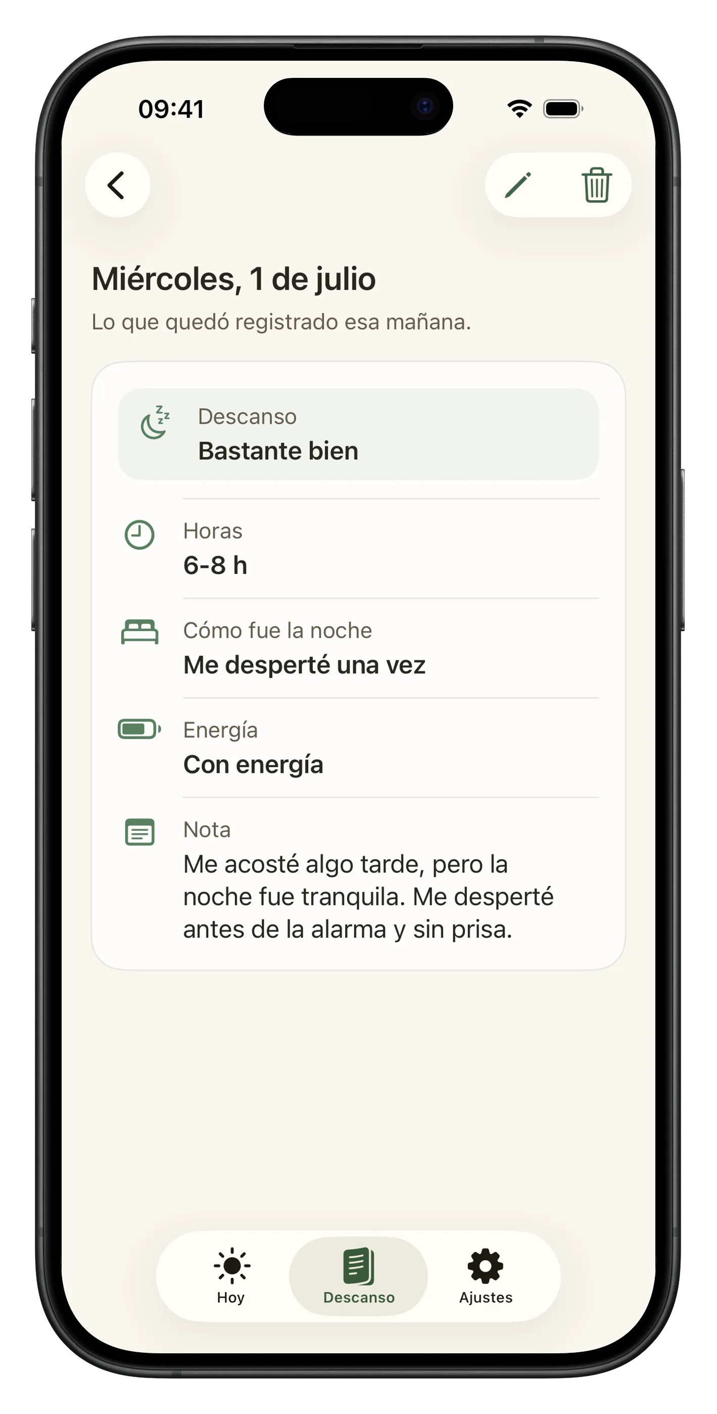 Captura de detalle de una mañana en Liroa con nota privada y contexto del descanso.