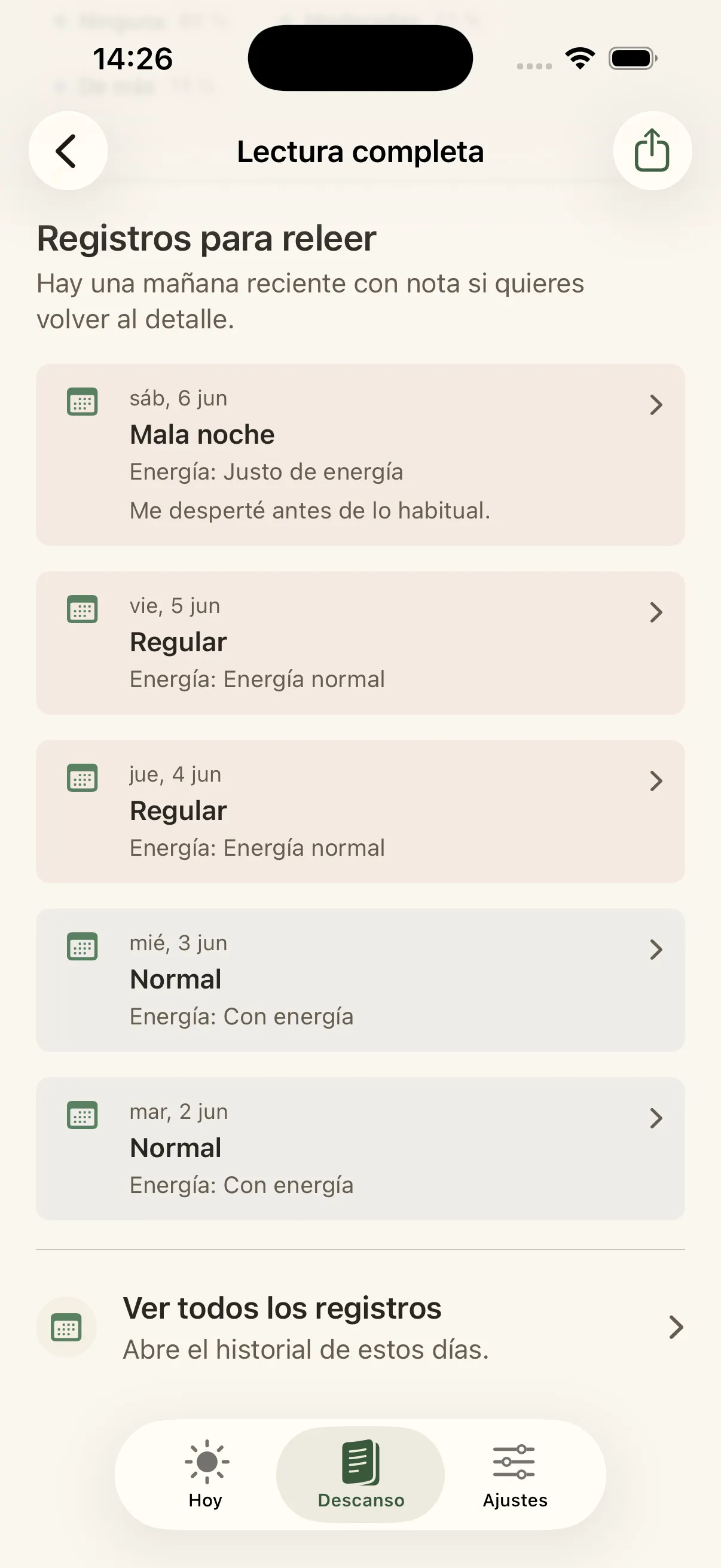Pantalla de detalle de una mañana en Liroa con descanso, horas, energía y nota privada.