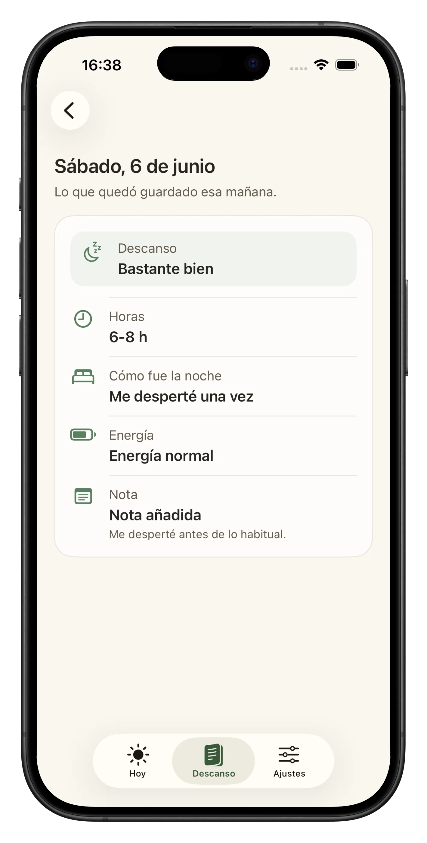 Captura de detalle de una mañana en Liroa con nota privada y contexto del descanso.