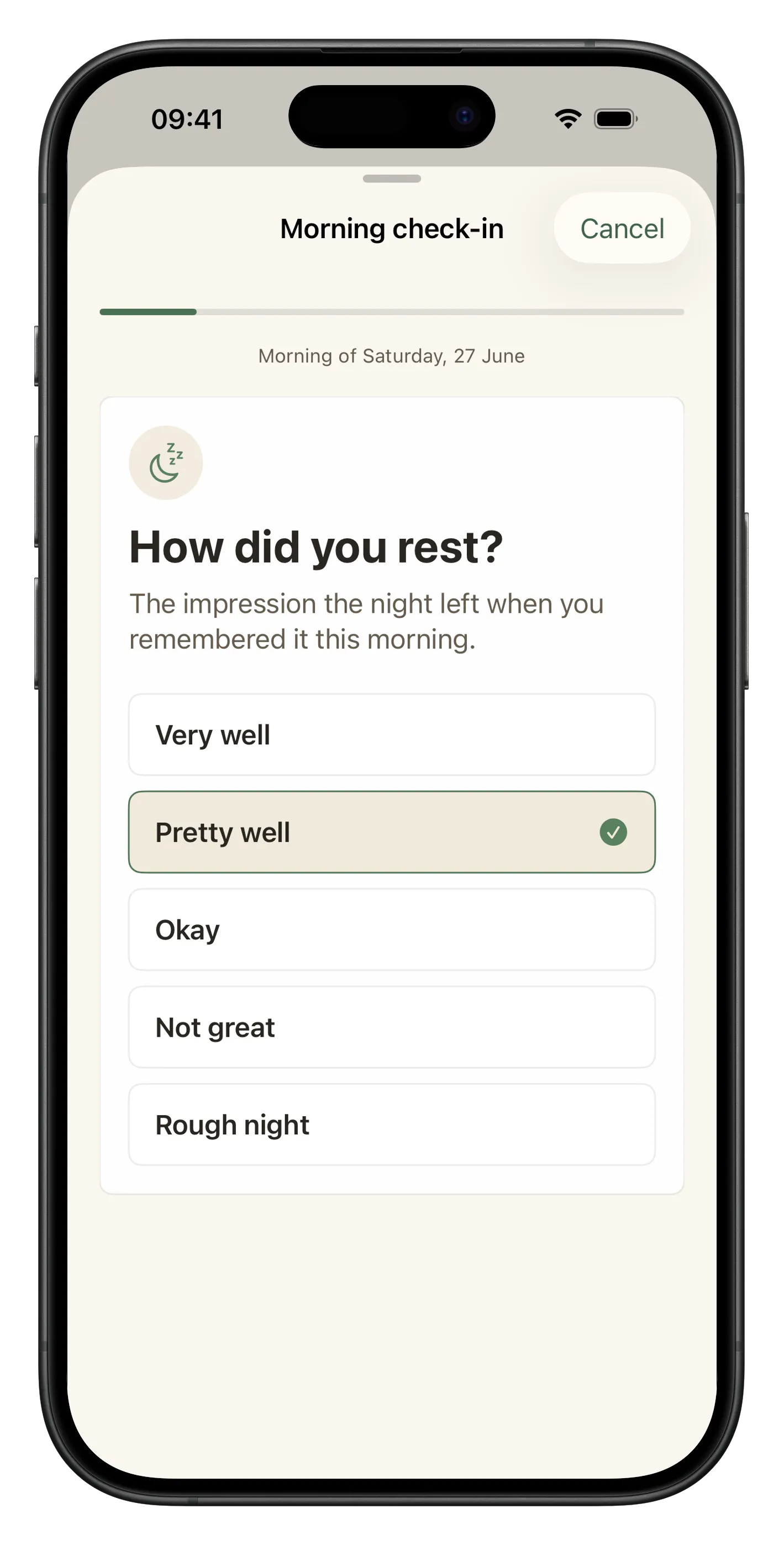 Liroa screenshot showing the daily rest log, waking energy, and a private note.