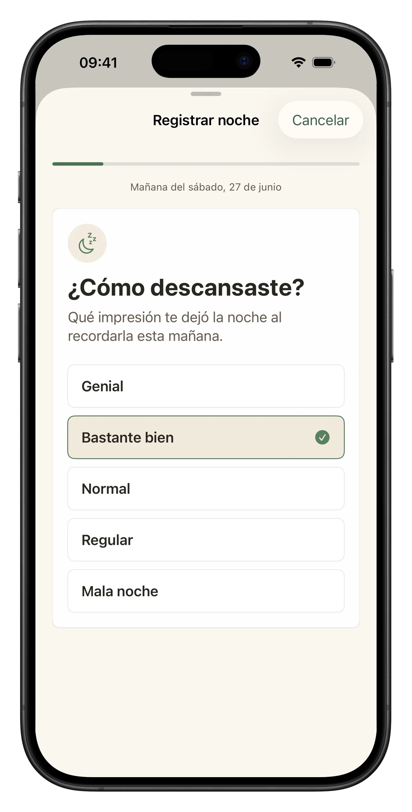 Captura de Liroa con el registro diario de descanso, energía al despertar y nota privada.