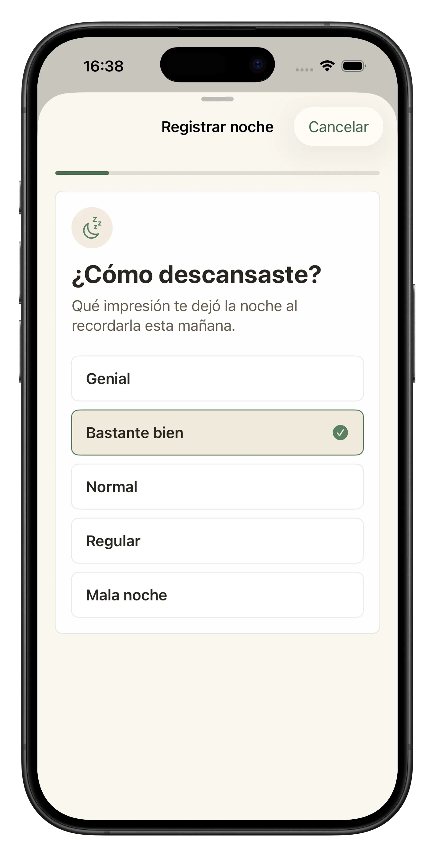 Captura de Liroa con el registro diario de descanso, energía al despertar y nota privada.