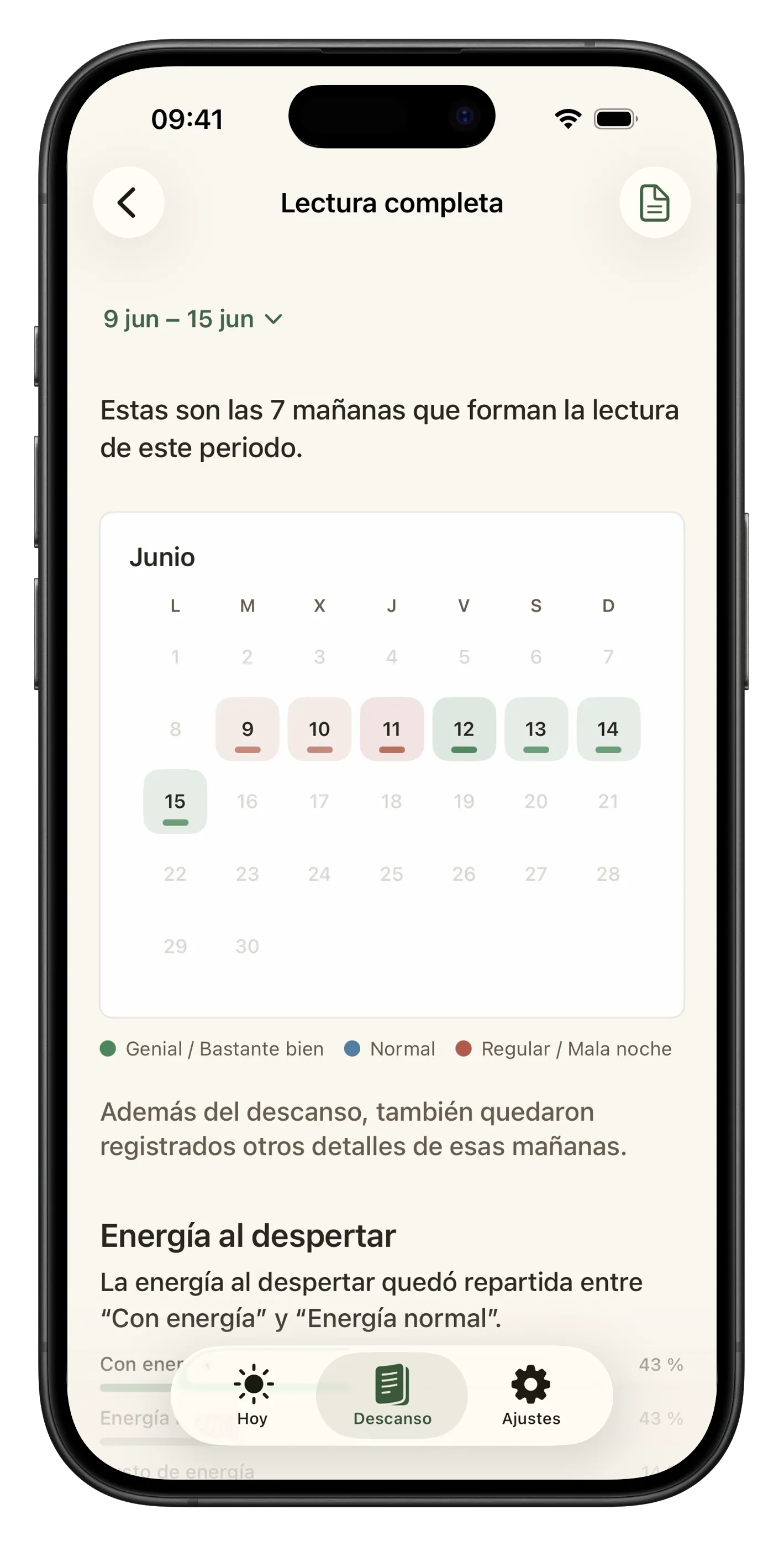 Pantalla de calendario de Liroa con días registrados y lectura visual de continuidad del descanso.