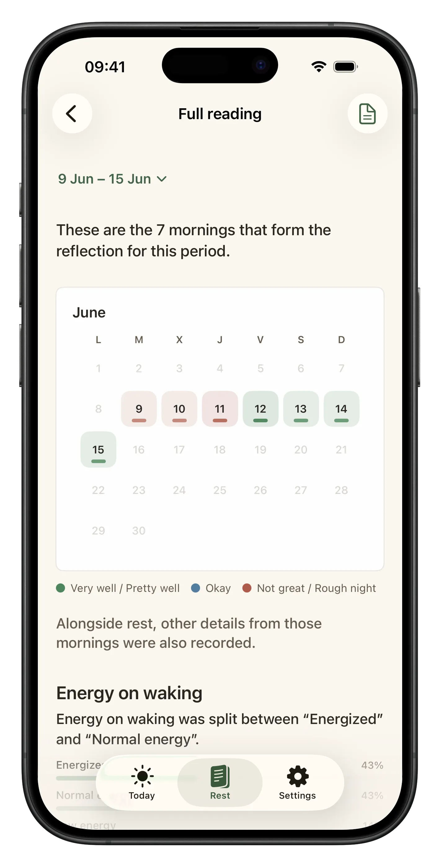 Liroa calendar screen with logged days and a visual reading of rest continuity.