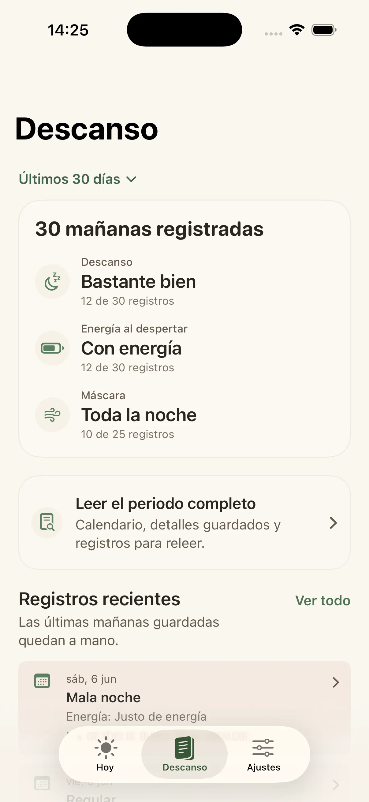 Pantalla de calendario de Liroa con días registrados y lectura visual de continuidad del descanso.