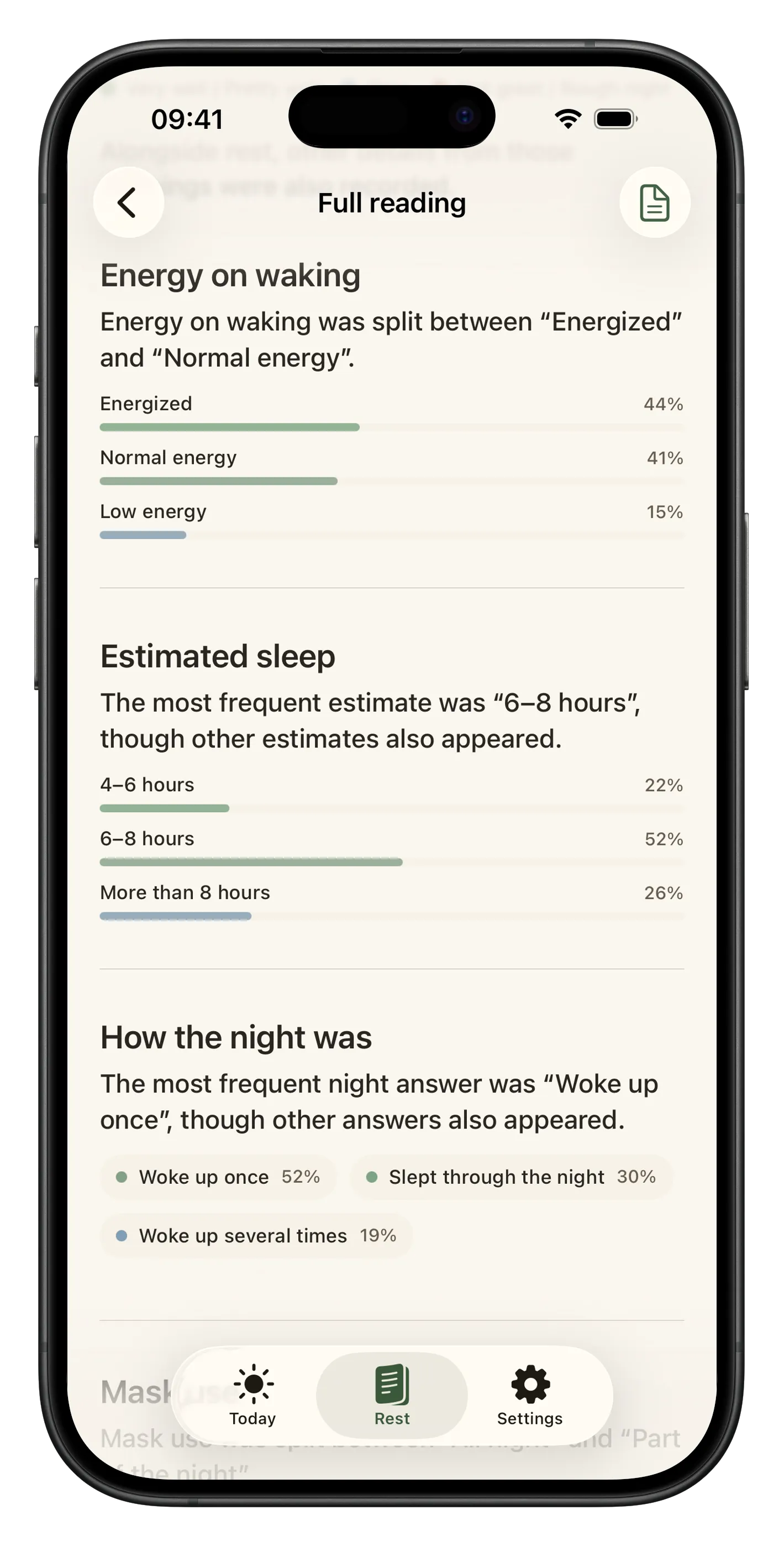 Liroa full reading screen with a calendar, period observations, and rest trends.