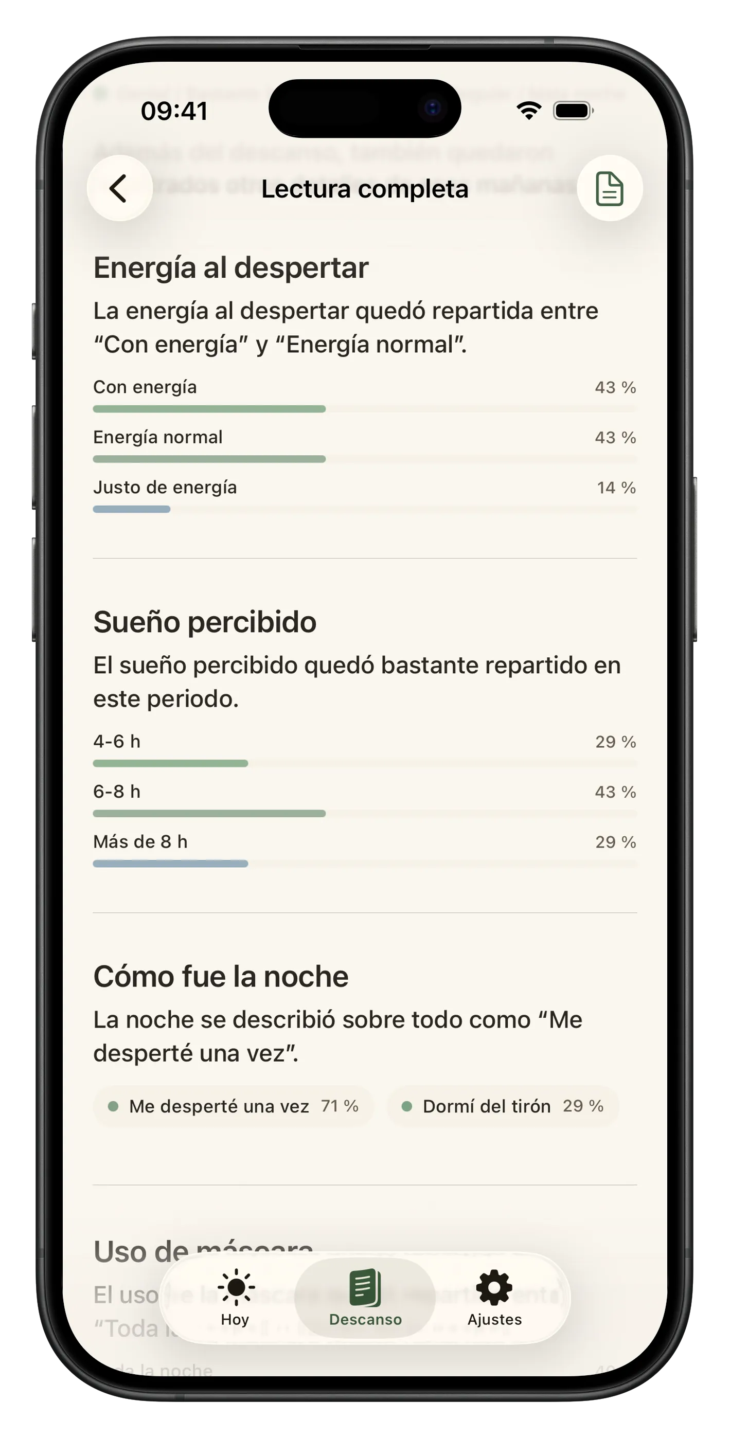 Pantalla de lectura completa de Liroa con calendario, observaciones del periodo y tendencias de descanso.
