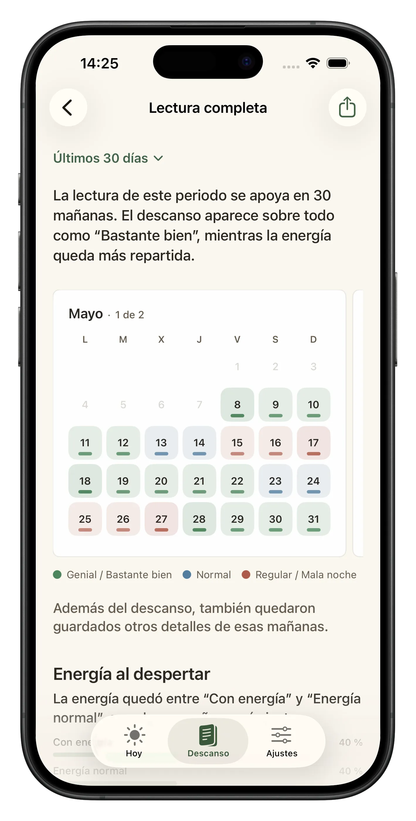 Captura de Liroa con calendario de descanso, patrones personales e insights de lectura calmada.
