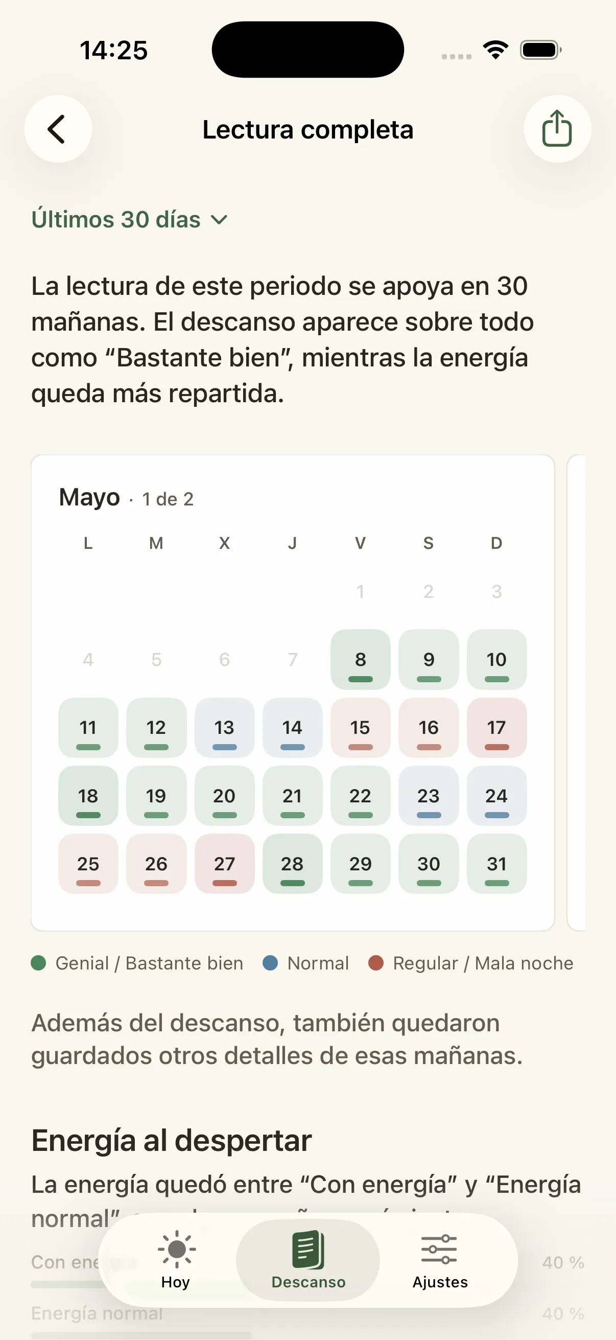 Pantalla de lectura completa de Liroa con calendario, observaciones del periodo y tendencias de descanso.