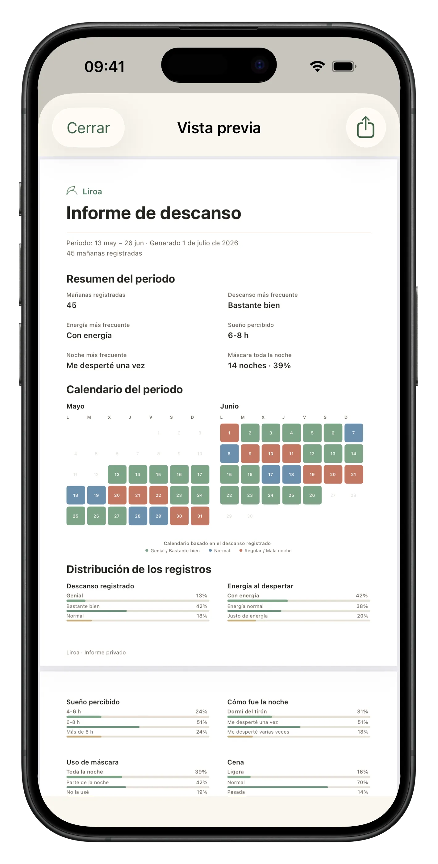 Pantalla de Liroa con vista previa de un informe de descanso preparado para exportar en PDF.