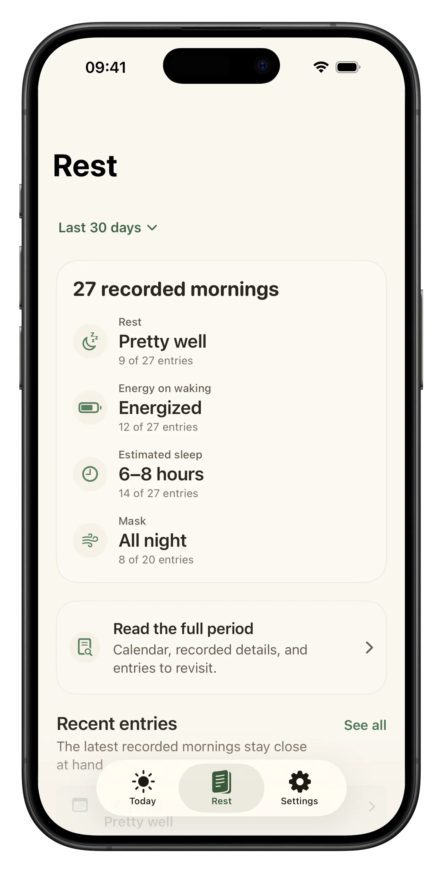 Liroa screenshot with rest calendar, personal patterns, and calm reading insights.