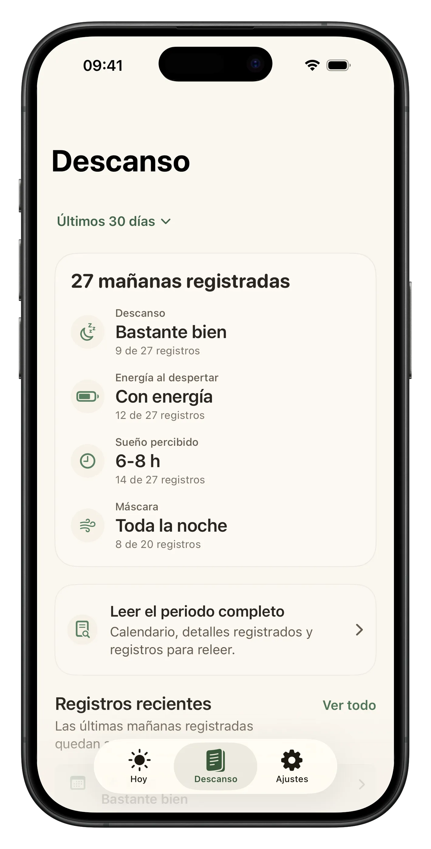 Captura de Liroa con calendario de descanso, patrones personales e insights de lectura calmada.