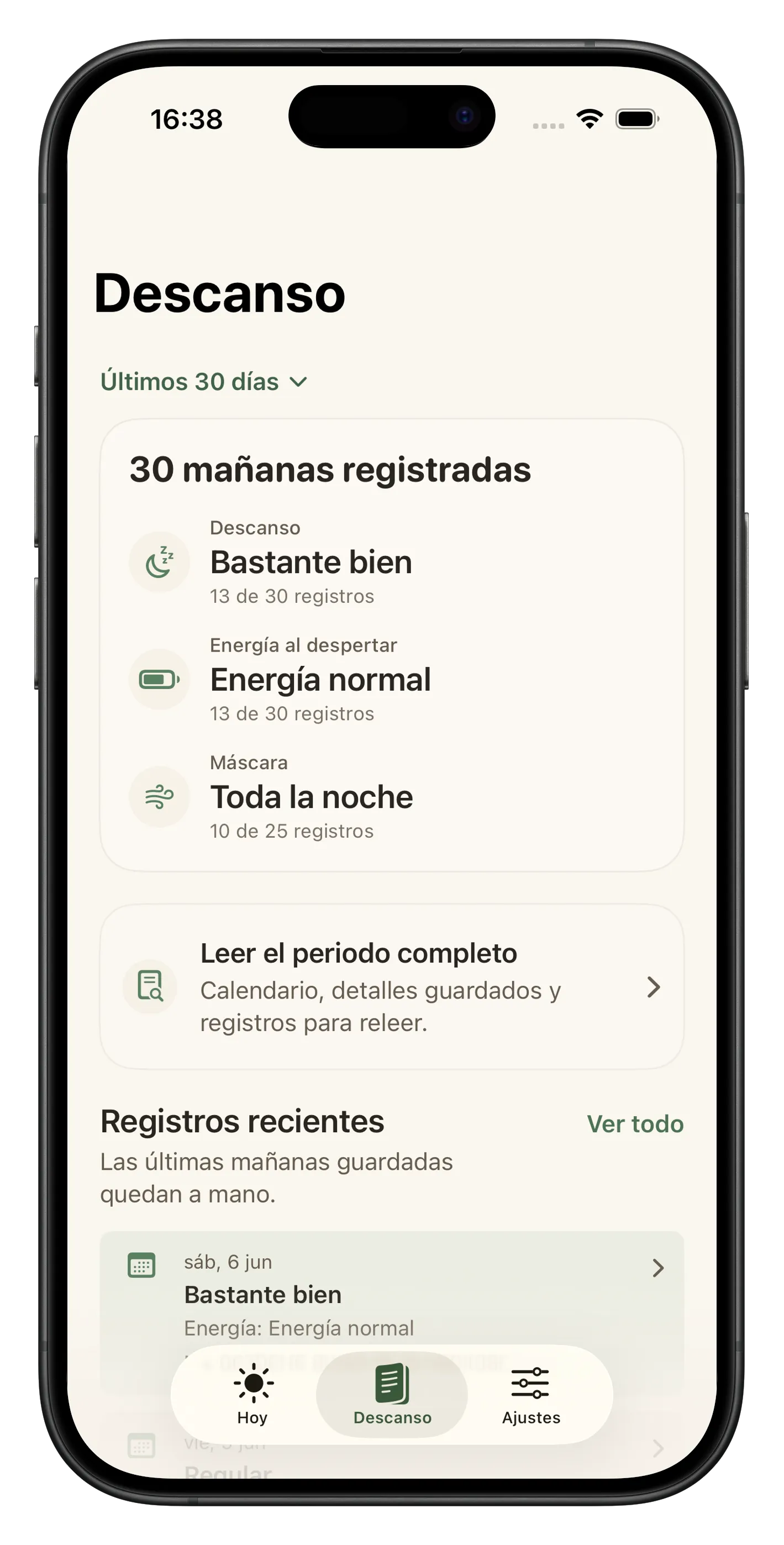Captura de Liroa con calendario de descanso, patrones personales e insights de lectura calmada.